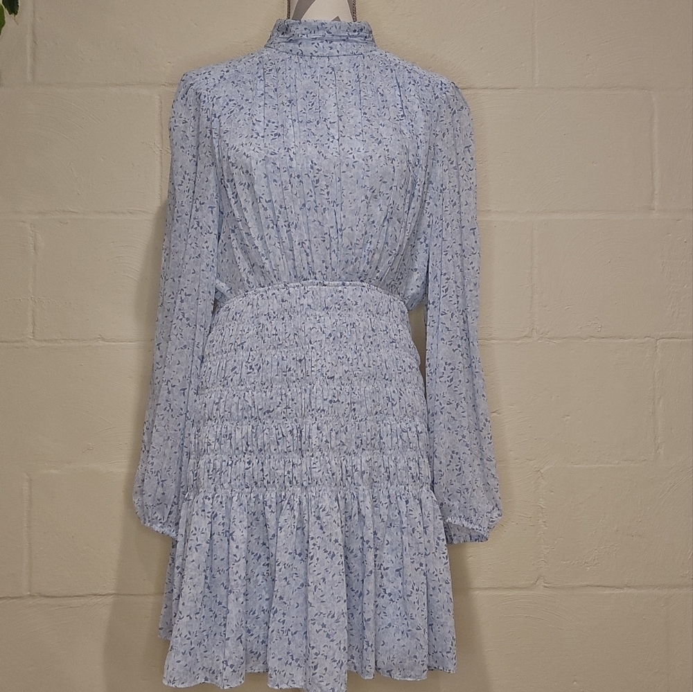 House of Harlow 1960 Shona Joy Mockneck Long Sleeve Smocked Mini Dress Blue L.